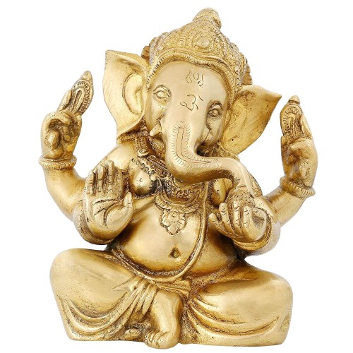 Ganesha Sitting Posture Brass Sculpture - 6.5 inches by 5.5 inches  Brass - Perfect as Household Decor - an Excellent Gift for Any Occasion