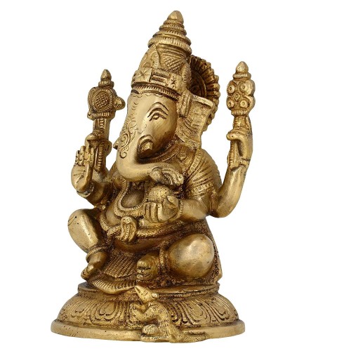Ganesha Sitting Posture Brass Sculpture  Brass - Perfect as Household Decor - an Excellent Gift for Any Occasion