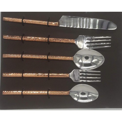 Copper and Stainless-Steel 5 Piece Flatware Sets Including 2 Spoon 2 Fork and 1 Knife Hammered Finished Easy Grip Round Handle