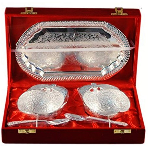 Set of 5 Pcs Brass Bowl Platter Tray with Spoon Indian Royal Engraving Design with Decorative Gift Packed Box