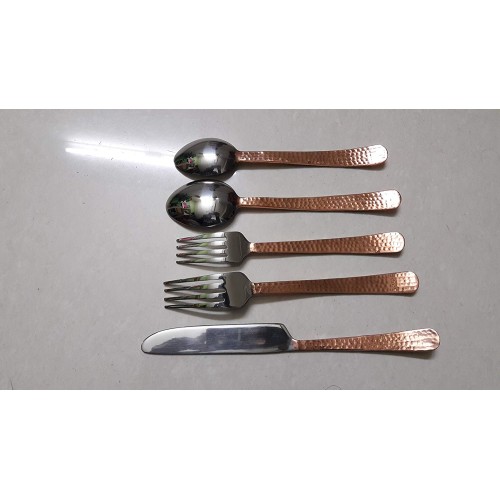 Handmade Copper and Stainless-Steel Cutlery Set 2 Spoon 2 Fork and 1 Knife Hammered Finished Easy Grip Handle Dinnerware Utensil Flatware Set.