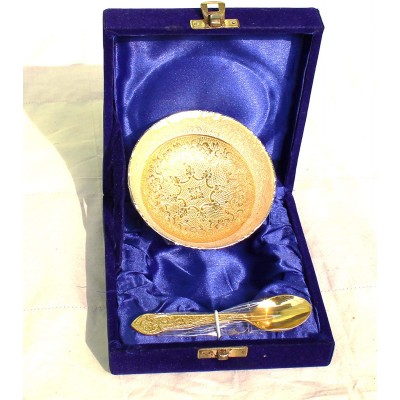 Royal Engraving Design with Decorative Gifting Box,Bowl Platter Tray with Spoon Silver Plated Brass Round Shape Bowel With Gold Coated