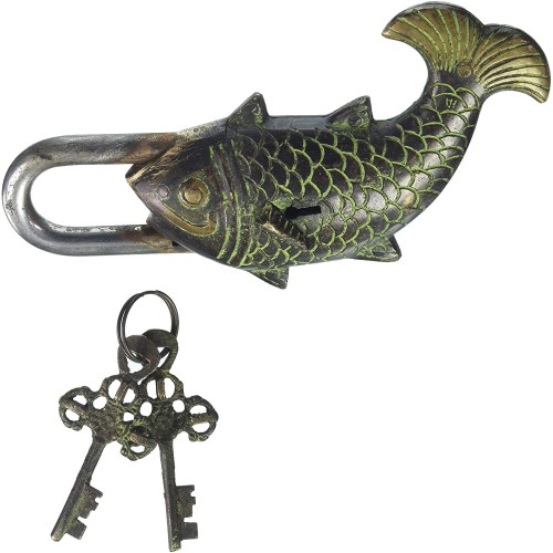 Functional Brass Padlock Antique Fish Ti...