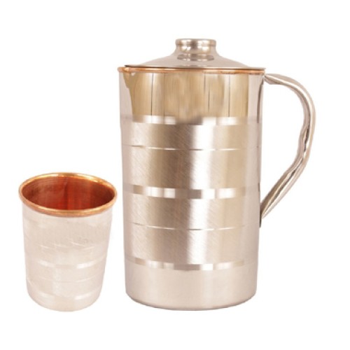 Set of 2 Pieces, Steel Copper Jug Pitcher with Glass Tumbler, Drinkware & Serveware Set