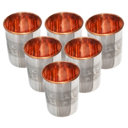 Serve-ware Set One Copper and Stainless Steel  Jug with 6 Glass  and One Wooden Tray Set for Ayurvedic Healing Outside Stainless Steel Inside Copper