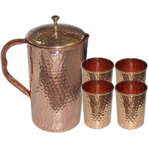Indian Ayurveda Hammered Finished Copper Water Pitcher Copper 4 Glasses Capacity 10 Ounce with 1 Jugs Capacity 54 Ounce Set for Storing Drinking Water Ayurveda