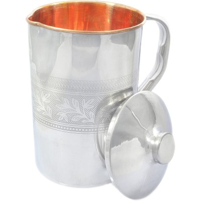 Copper Jug Pitcher Drinkware Accessory for Ayurvedic Healing Outside Steel Inside Copper Capacity 54 Ounce Embossed