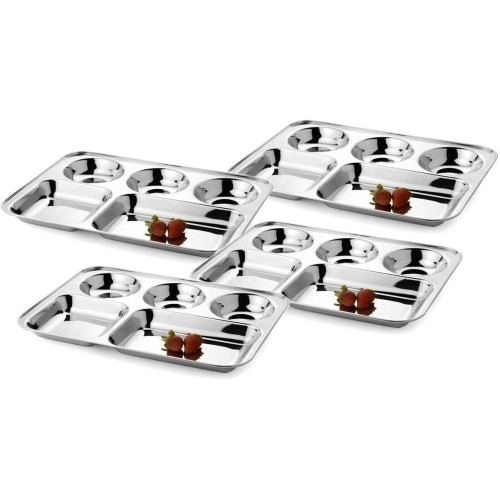 Stainless Steel 5 in 1 Five Compartment Divided Dinner Plate, Set of 4 Pc, 34 cm