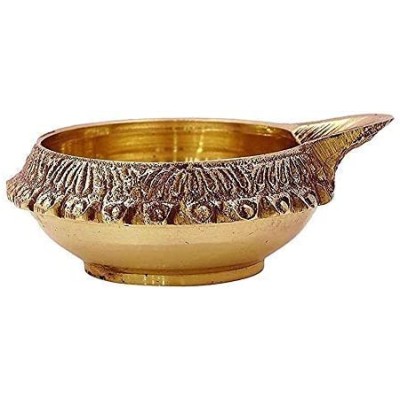 Handmade Indian Puja Brass Oil Lamp - Golden Diya Lamp Engraved Design Dia - 2.5 Inch Pack of 1