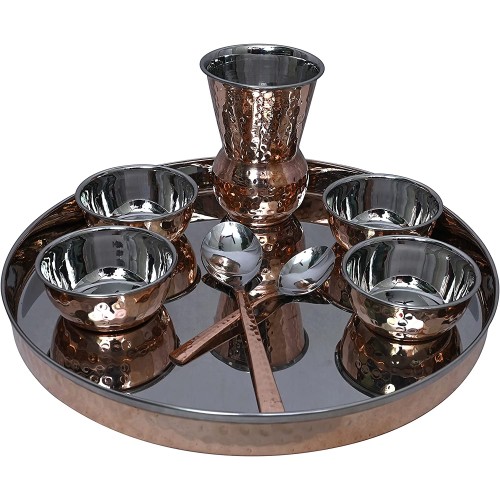 Dinnerware Stainless Steel Copper Traditional Dinner Set Of Thali Plate, Bowls, Glass And Spoon, Diameter 12 Inc