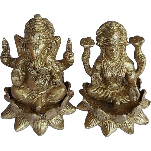 Ganesh and Laxmi Sitting on Lotus Brass ...