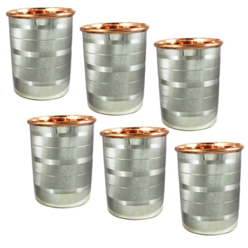 Set of 6, 350 ML , Copper and Stainless Steel Indian Drinkware Water Drinking Glasses